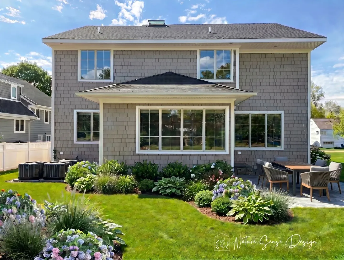 Backyard with a swimming pool, stone patio, pergola seating area, and low plantings along the deck of a light-colored home