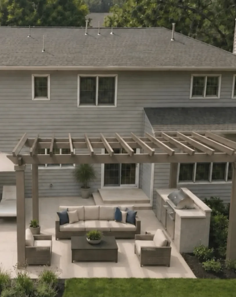 Before and after patio and pergola outdoor living area with lounge seating and an outdoor kitchen