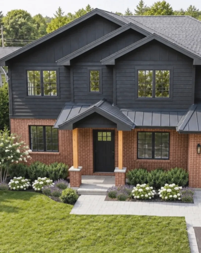 Before and after front entry planting with hydrangeas, perennials, and a brick facade
