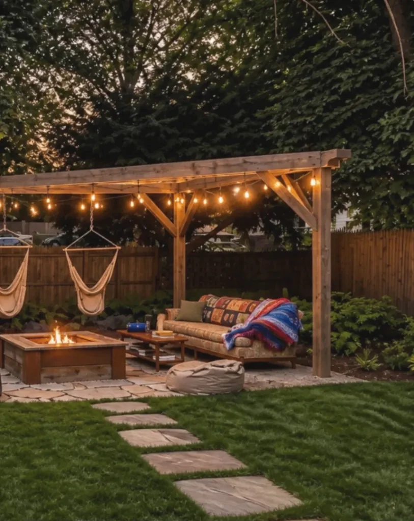 Family garden with a timber pergola, string lights, fire pit, swings, and lounge seating