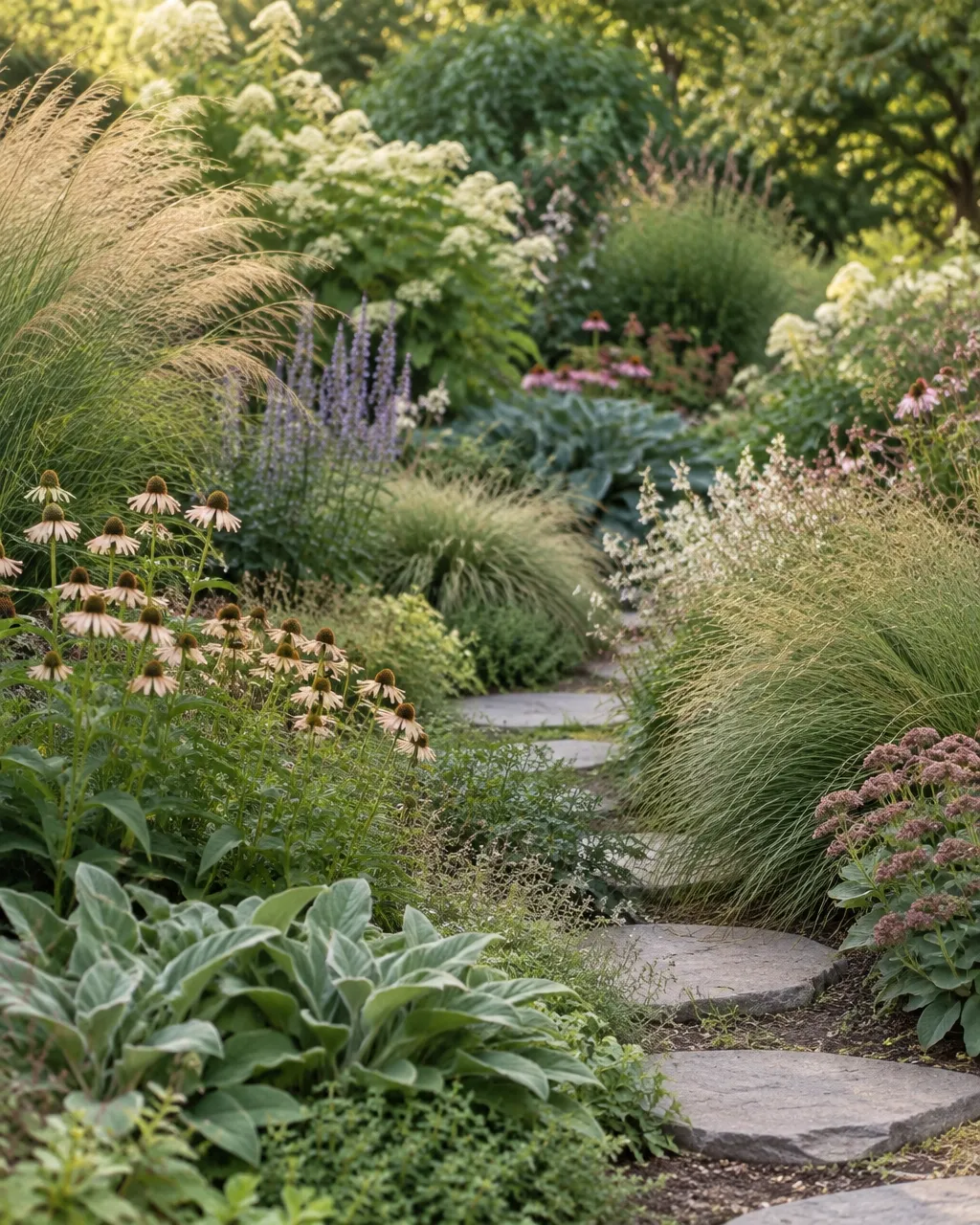 Layered garden bed with ornamental grasses, flowering perennials, varied foliage, and natural stone details